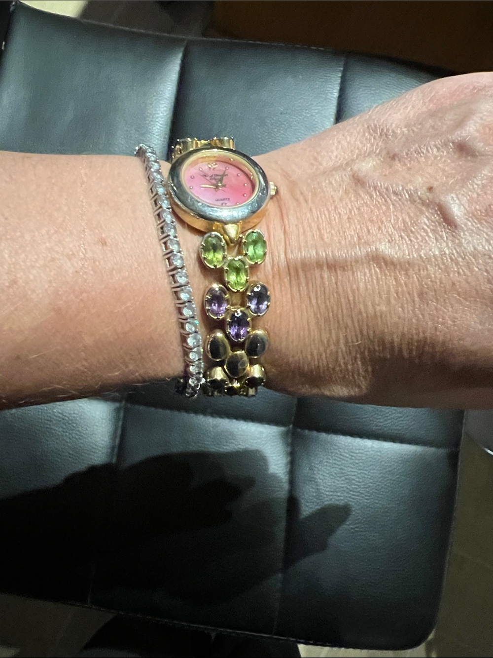 Vintage Marcel Drucker Pink Dial Multicolor gemstone Bracelet Watch - Picture 9 of 9